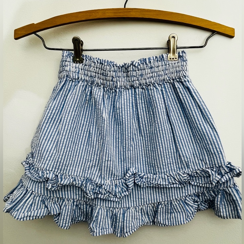 Crewcuts Girls 8 Blue White Stripe Ruffle Skirt Elastic Waist Tiered Cotton - Picture 3 of 5